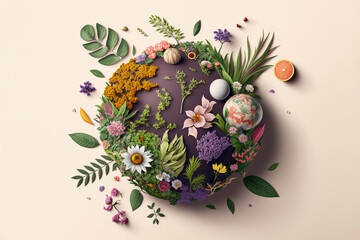 World environment and earth day concept with globe Earth made of flowers. - obrazy, fototapety, plakaty