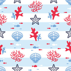 Summer marine striped seamless pattern with corals, starfish, algae, shells and fish. Red and blue colors. Ocean dwellers, vest. Flat style. For wallpaper, printing on fabric, wrapping, © Любовь Кондратьева