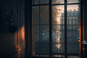 View from a window of an old building on a rainy day in Paris