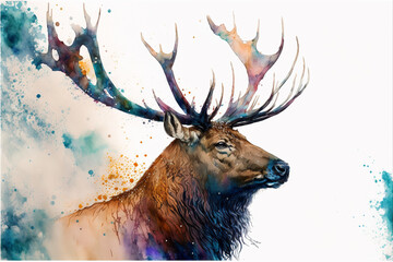 Watercolor painting of a bull elk in the forest