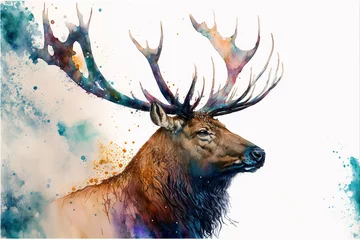 Papier Peint photo Crâne aquarelle Watercolor painting of a bull elk in the forest