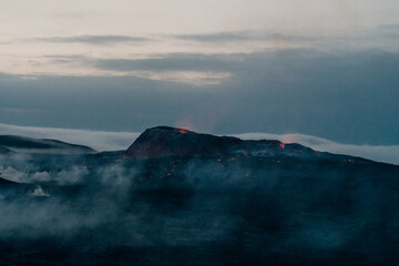 Fagradalsfjall, Iceland - June, 2021: volcano eruption near Reykjavik, Iceland