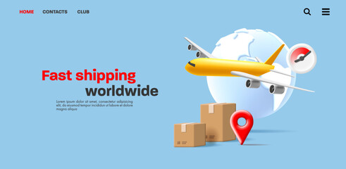 3d illustration banner with carton boxes, air plane and stopwatch with white globe, fast worldwide shipment - obrazy, fototapety, plakaty