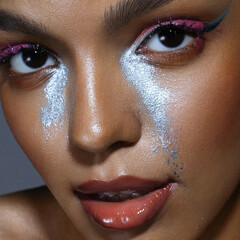 Runway makeup close-up. Metallic tears of glitter and liquid lip gloss