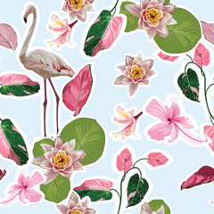 Pink flamingo and exotic pink flowers, leaves on blue  background. Floral seamless pattern. Tropical illustration. Exotic plants, birds. Summer beach design. Paradise nature.