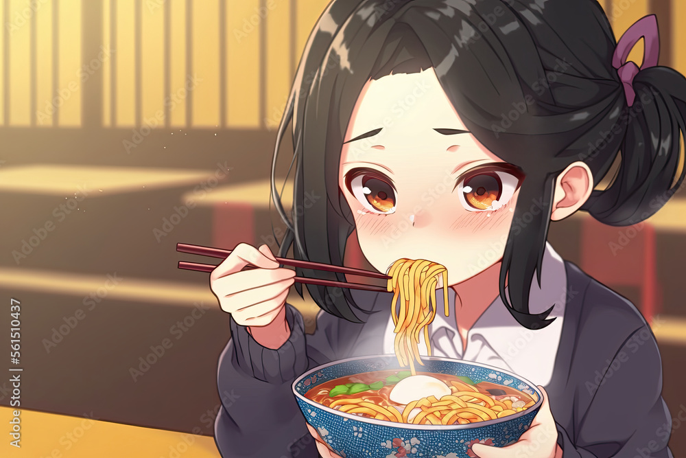 Wall mural Anime girl eating ramen made with Generative AI.