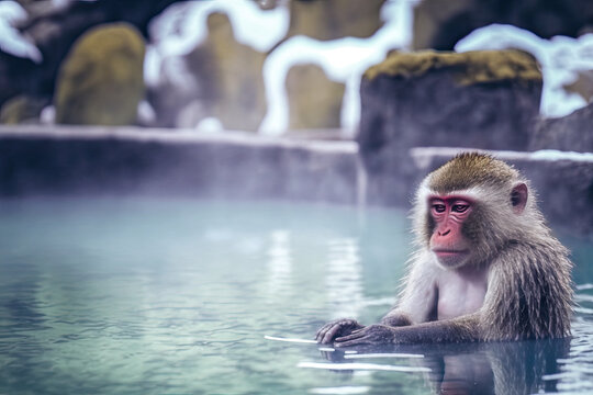Snow monkey japanese macaque bathing in onsen, made with Generative AI.