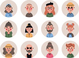 Portrait of People. A set of avatars of young people in flat style. Round user avatars.