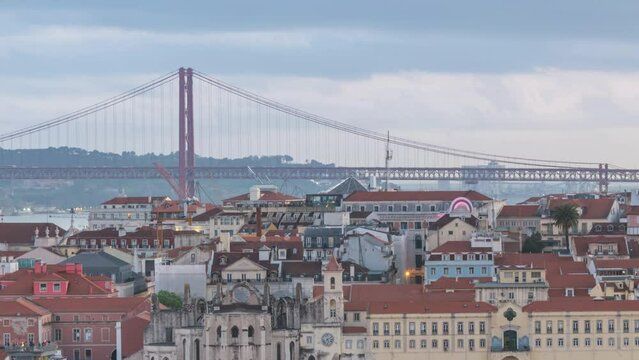 Lisbon Portugal time lapse 4K, high angle view city skyline day to night sunset timelapse at Lisbon Baixa district