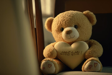 Teddy bear holding heart-shaped cushion with love you message