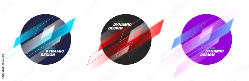 Poster dynamic geometric speed lines as round badges with diagonal stripes