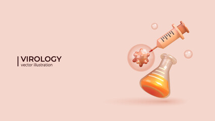 3d Vector Scientist studies Viruses and Bacteria Concept. Realistic 3d Design of Medical laboratory Test Tube, Virus and Syringe in Trendy colors. Vector illustration in cartoon minimal style.