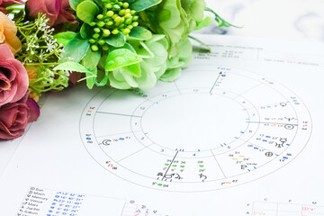 Printed astrology birth chart and white roses, workplace of astrology, spiritual, The callings, hobbies and passion, blueprints and life mapping