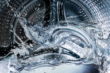 Washing machine drum with clean water flow and splashes. Laundry, washing powder concept.