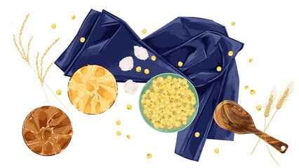 小皿に乗せた味噌と大豆の手描き水彩風イラスト