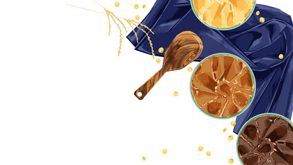 小皿に乗せた味噌の手描き水彩風イラスト