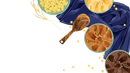 小皿に乗せた味噌と大豆の手描き水彩風イラスト