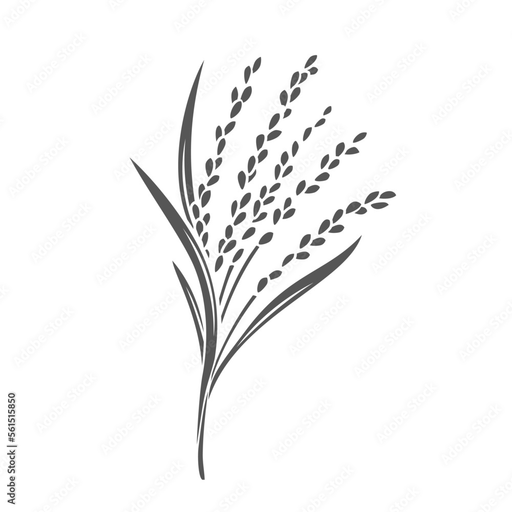 Sticker Rice cereal crop plant, glyph icon vector illustration. Cut black silhouette grain plant with leaf, stalk and seeds - Stickers