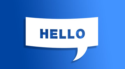 Speech bubble sign with the word hello in front of a blue colored wall