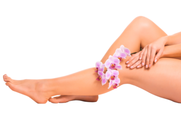 Relaxing pink manicure and pedicure with a orchid flower