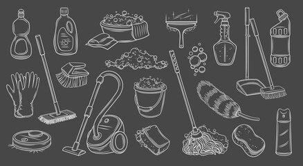 Cleaning outline icons set vector illustration. Line hand drawn equipment and tools collection to clean home, cleaning mop and sponge with soap bubbles, laundry detergent bottle, bucket and broom - obrazy, fototapety, plakaty