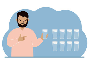 The man is holding a glass of water. Water balance infographic. 8 glasses of water every day. Healthy lifestyle.