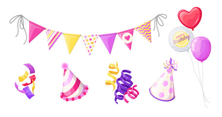 Birthday festive decor set vector illustration. Cartoon isolated garland with hanging on rope colorful bright triangle flags, bunch of balloons of different shapes, birthday cone hats and serpentine