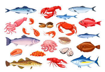 Naklejka premium Sea and ocean fishes and marine animals set vector illustration. Cartoon isolated seafood collection with red caviar, pieces and whole salmon, raw shrimp and crab, oyster and tuna for restaurant menu