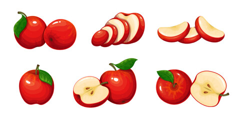 Red apple set vector illustration. Cartoon isolated whole delicious juicy fruit and cut into portion slices, half and quarter pieces and organic fruity apples