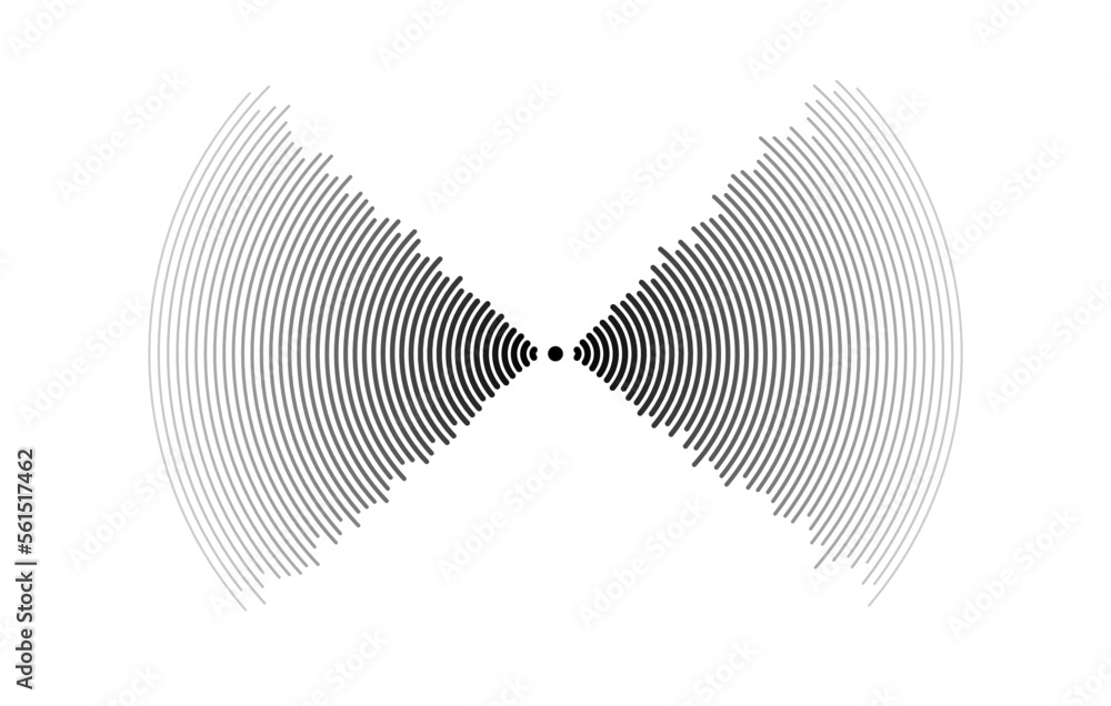 Poster Sound wave signal. Radio or music audio concept. Epicentre or radar icon. Radial signal or vibration elements. Impulse curve lines. Concentric ripple semi circles.
