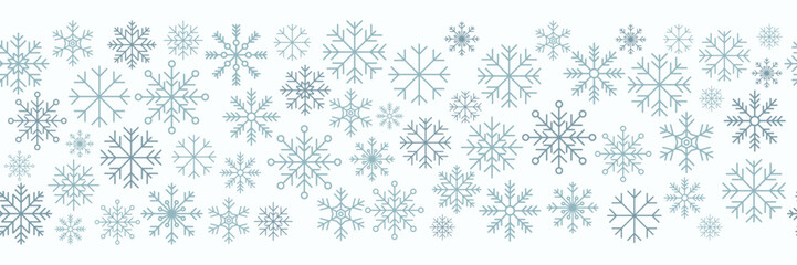 Snowflake seamless border. Snowflakes seamless pattern. Snowfall repeat backdrop. Winter holidays theme. Seamless background with snowflakes. Vector illustration