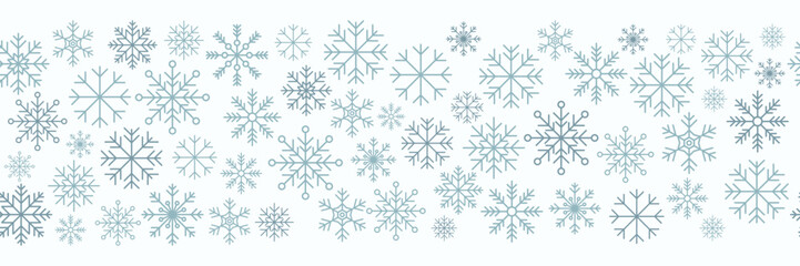 Fototapeta premium Snowflake seamless border. Snowflakes seamless pattern. Snowfall repeat backdrop. Winter holidays theme. Seamless background with snowflakes. Vector illustration