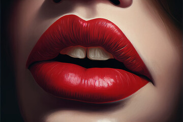 Close-up illustration painting of red lips with lipstick, open mouth, generative ai