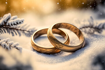 Obraz na płótnie Canvas Wedding rings in the snow. Valentine's day. Anniversary, Illustration. Generative AI