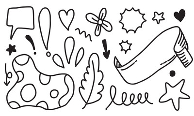Hand drawn flower, heart, ribbon, arrow, star for concept design.