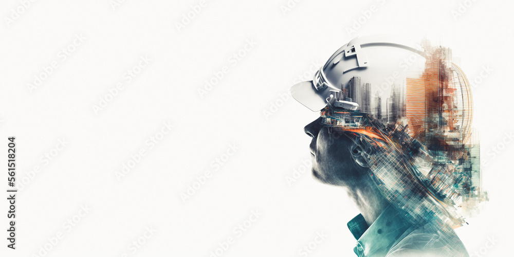 Poster future building construction engineering project devotion with double exposure graphic design. build