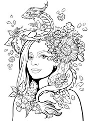 Beautiful girl line illustration for a poster print