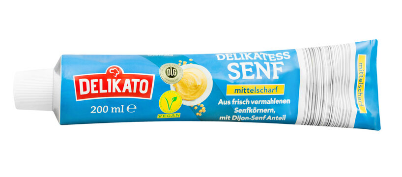 1 Tube Senf Delikato vegan mittelscharf freigestellt  Hintergrund transparent