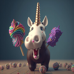 Obraz na płótnie Canvas Cute kawaii unicorn with lollipop candy