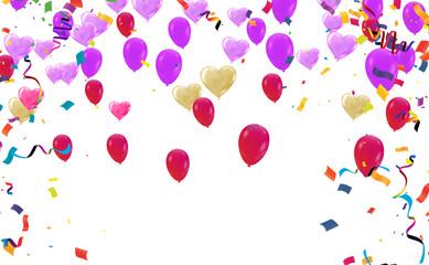 Balloons, confetti, banners and a sign for text Holiday background with Colorful balloons and confetti