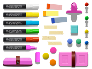 蛍光マーカー・マグネット・付箋ほか、影付き切抜きパーツ左利きセット