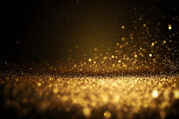 Golden blurred bokeh light glowing backdrop. White bokeh defocused night lights background. Gold shiny particles gradient illustration