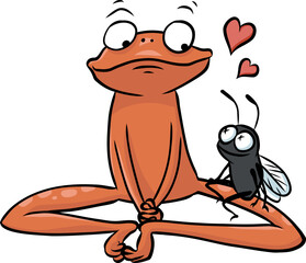 Vektor Illustration von einem niedlichen Frosch der zum Valentinstag von Herzen und voller Liebe lächelnd zu einer kleinen Fliege auf seinem Schoß blickt