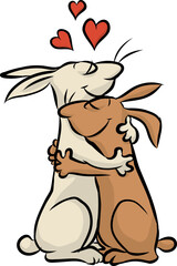 Vektor Illustration von zwei Hasen in inniger Umarmung am Valentinstag, die von Herzen und voller Liebe lächelnd kuscheln