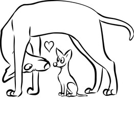 Vektor Illustration von großem Hund und kleinem Chihuahua, die sich am Valentinstag von Herzen und voller Liebe lächelnd anblicken