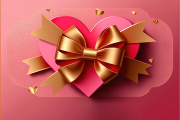 Happy Valentine's day poster voucher, 3d red pink heart, golden metal shape, star and bows on rose background. Generative AI
