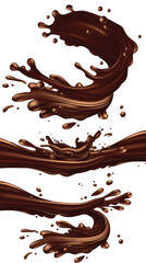 A jets of liquid glossy chocolate with splashes and drops on a white background.3D vector. High detailed realistic illustration