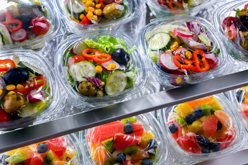 Boxes with pre-packaged vegetable salads in a commercial fridge