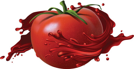 Big red shiny tomato with a green ponytail on a white background. Highly realistic illustration.