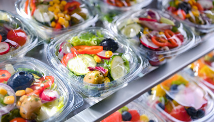 Boxes with pre-packaged vegetable salads in a commercial fridge